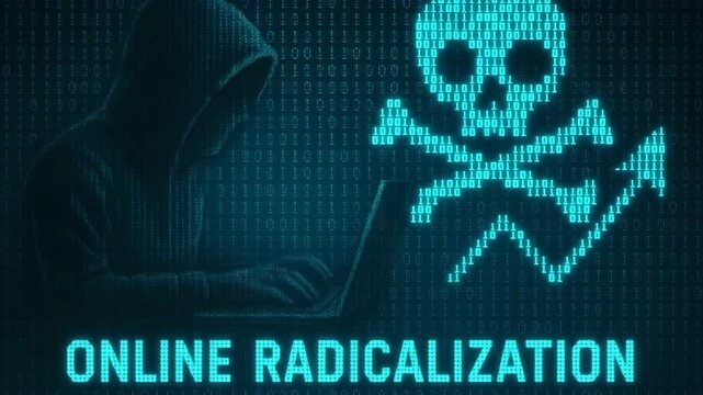 A conceptual depiction of online radicalization featuring a hooded figure at a computer. The image highlights the dangers of digital extremism and its impact on society.