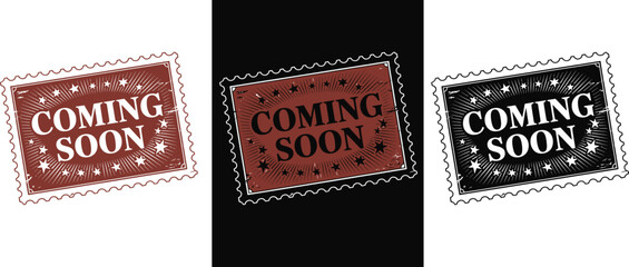 Coming soon message on a red stamp with stars and a jagged black border