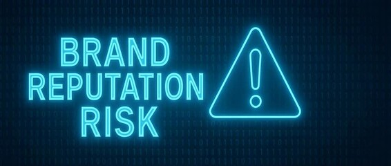 A visual representation highlighting brand reputation risk through a neon blue alert symbol against a dark background