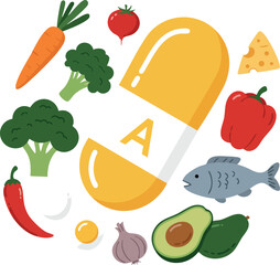 Vitamin A Pill with Healthy Vegetables Fruits Fish and Cheese for Nutrition Support 
