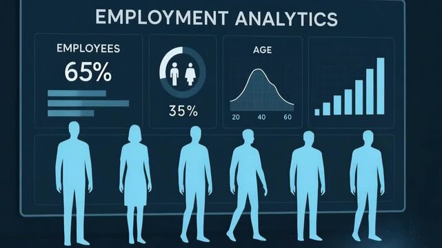 A modern visualization of employment analytics showcasing employee demographics, including gender, age distribution, and overall employee count, suitable for presentations and repo