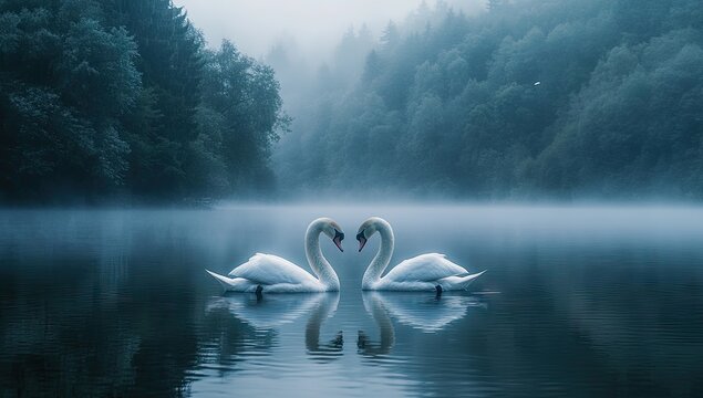 Two swans face each other on a misty lake - Powered by Adobe
