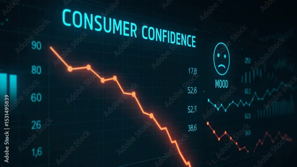 Poster a detailed shot of a digital screen displaying consumer confidence statistics with various charts an