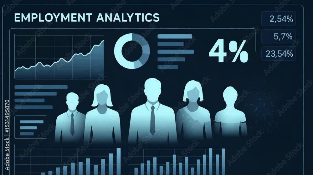 Poster a detailed employment analytics graphic displayed in a modern style, showing statistical data on wor