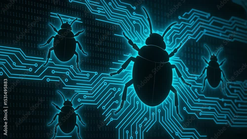 Poster a modern digital illustration depicting computer bugs integrated with circuit board designs, symboli