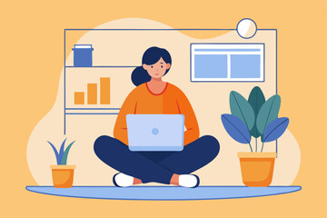 Home office lifestyle concept, person working on laptop cross - legged with plants and shelf, remote productivity, creative work, home workspace, freelance efficiency, comfortable work.