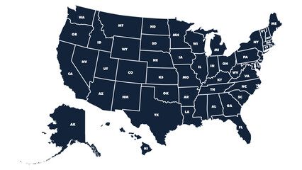 USA Map or United States of America Map. Usa map with states code  political theme. Black and white print map of USA states. Vector Illustration eps 10
