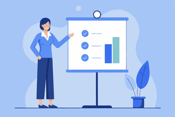 Corporate lecture concept, woman explaining with checkmarks and chart on whiteboard, professional work, task completion, office productivity, business communication