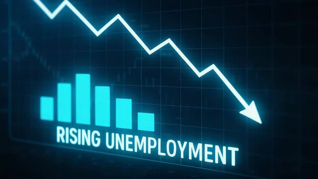 A digital representation highlighting rising unemployment trends through a declining graph, symbolizing economic challenges faced by individuals and communities.