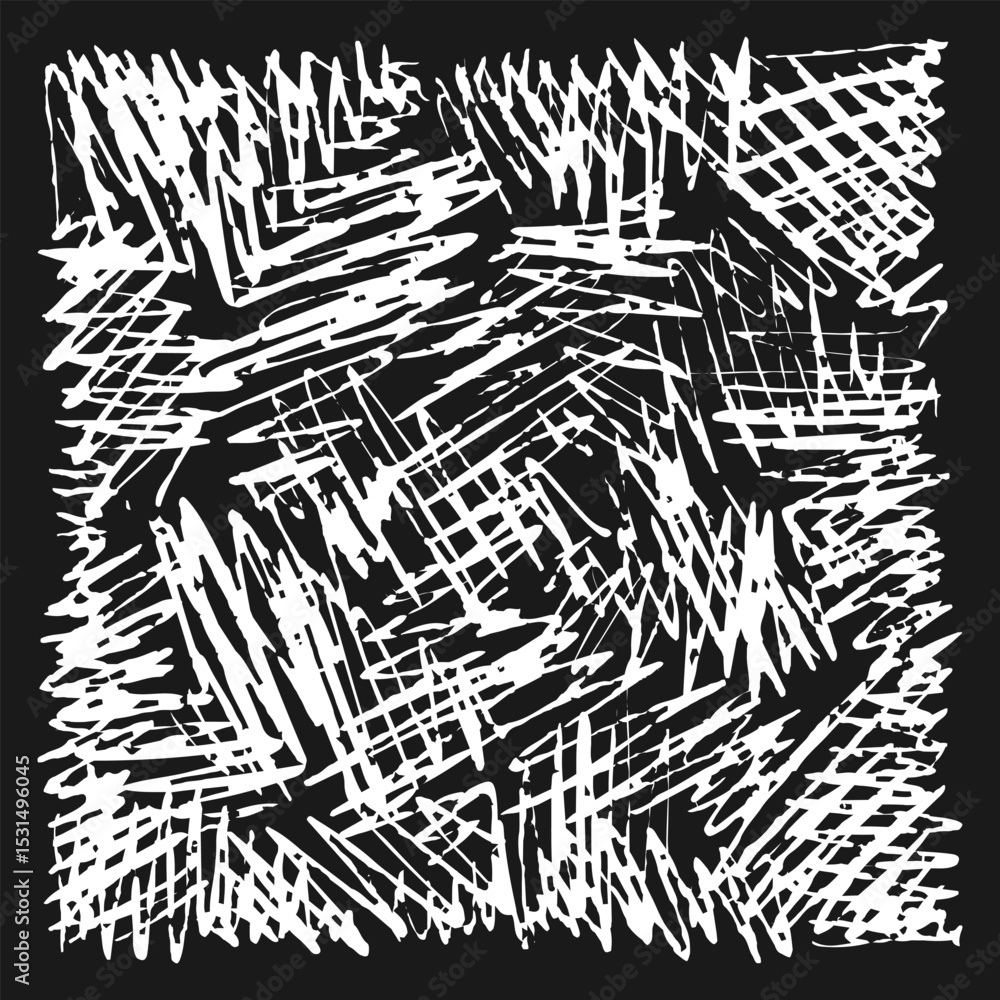 Poster handwritten texture with multidirectional white hatching on a black background. doodles and squiggle
