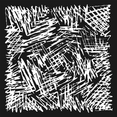 Handwritten texture with multidirectional white hatching on a black background. Doodles and squiggles. Vector illustration