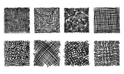 Eight backgrounds with various hand-drawn textures. Doodles and squiggles. Vector set
