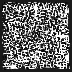 Handwritten white textured background on black background. Doodles and squiggles. Vector illustration