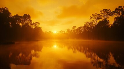 Obraz premium Golden Sunrise over a Misty Swamp