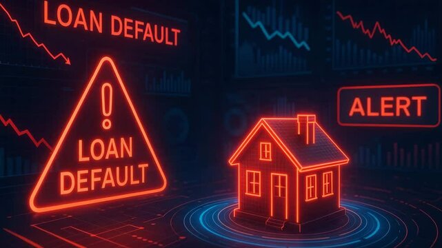 A vibrant digital representation of a loan default alert, featuring neon signs that emphasize financial urgency