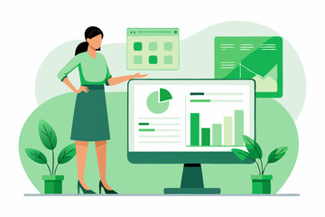 Woman presenting data graph on computer, office report, business insight, professional presentation, financial analysis, vector information, corporate meeting.