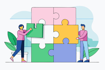 Two people building puzzle, team synergy, task progress, colorful pieces, plant element, vector teamwork, office collaboration.