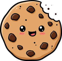 Fototapeta premium Chocolate Chip Cookie Cartoon Character with Bite Mark Cute Happy Illustration