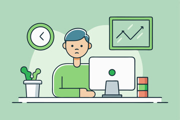 Office burnout scenario, stressed person at desk, plants and clock, work pressure, vector illustration of challenging task, career stress, modern office style, productivity struggle.