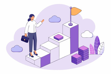 Career advancement journey, person climbing stepped structure, clouds and flag, professional growth, vector illustration of success task, career ladder, modern office style, achievement focus.