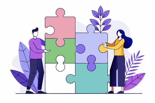 Creative puzzle teamwork, two people assembling colorful puzzle, plants and leaves, innovative task, vector illustration of cooperative effort, career collaboration, creative problem-solving,