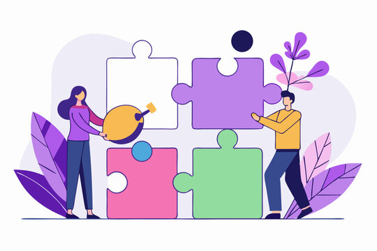 Innovative puzzle collaboration, two people assembling colorful puzzle, plants and creative elements, modern task, vector illustration of cooperative effort, career teamwork