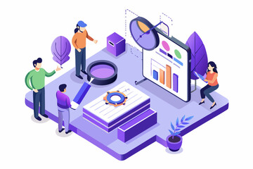 Data analysis collaboration, team working on project, magnifier and charts, innovative workspace, vector illustration of research task, career cooperation, modern office style, focus on data.