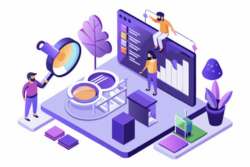 Innovative data analysis, team discussing insights, magnifier and charts, modern workspace, vector illustration of research task, career cooperation, office style, focus on data.