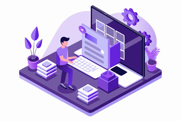 Data processing workspace, person working on laptop, plants and files, modern work environment, vector illustration of research task, career efficiency, clean office style, focus on data.