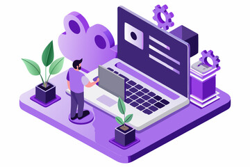 Tech data processing workspace, person working on laptop, plants and gears, modern work environment, vector illustration of research task, career efficiency, innovative office style, focus on data.