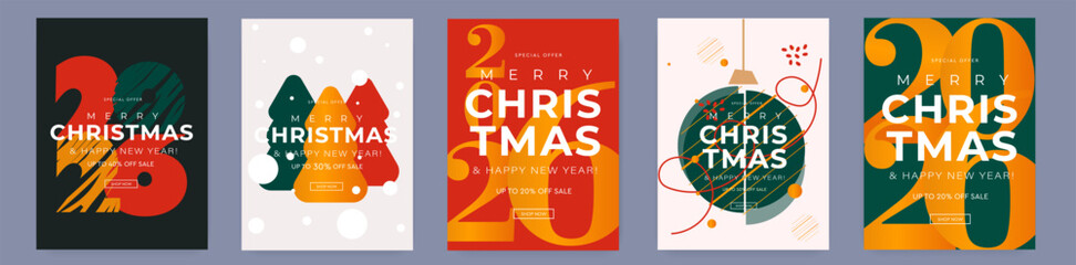 Christmas Sale 2026. Modern Design Set with number 2026, tree. Merry Christmas and Happy New Year for Advertising, Web, Social Media, Poster, Banner, Cover. Minimalist Art Xmas Typography.