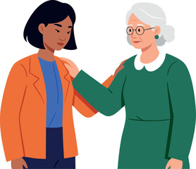 Fototapeta premium Elderly woman comforting young woman in orange jacket and blue shirt illustration vector 