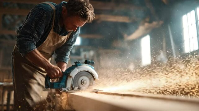 Construction Contractor Cutting To Size Wood Beam Using Portable Circular Saw Close Up Photo. Industrial Equipment Theme.