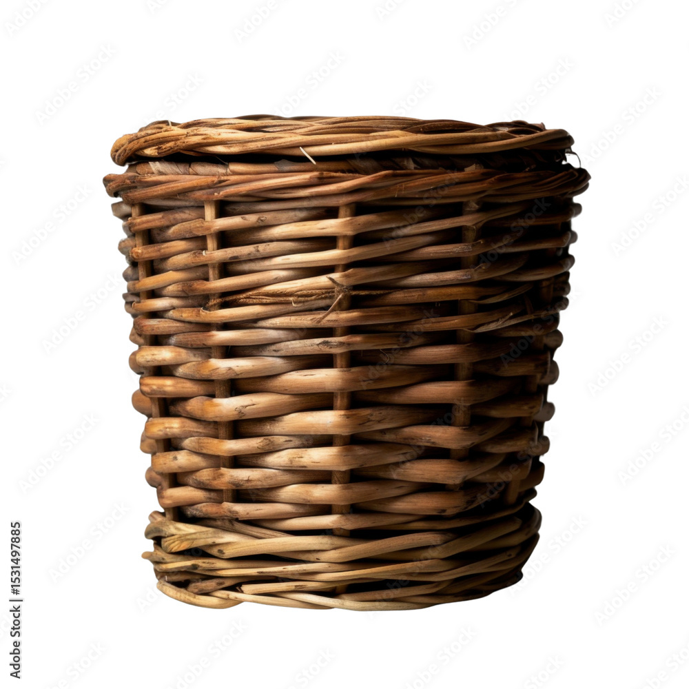 Poster handcrafted wicker basket made from natural materials, showcasing intricate weaving patterns and rus