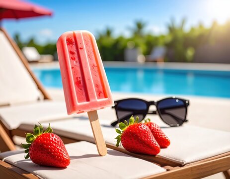 Strawberry popsicle on a poolside lounge chair with sunglasses nearby - Powered by Adobe