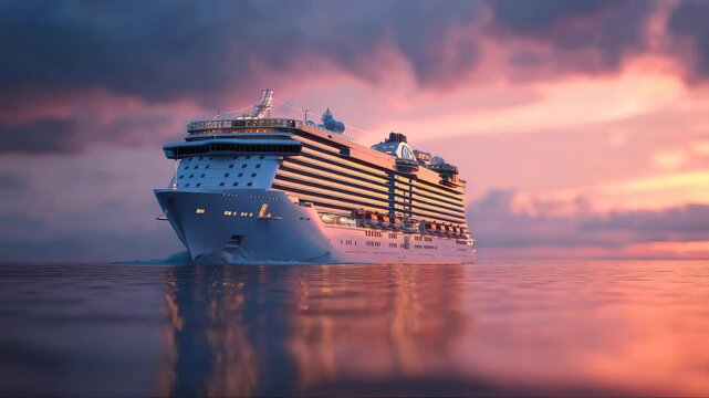 Luxury cruise ship sailing to port on sunrise