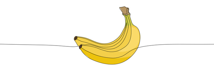 Bunch of bananas drawn with one continuous black line on white background. Minimalist vector illustration with yellow color fill. Food and fruit concept for design and print