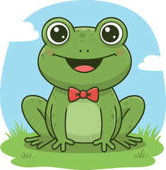 Cute green frog cartoon character with big eyes and red bow tie sitting on grass vector illustration 