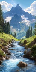 Obraz premium Pike Peaks. Majestic Mountain Peaks and River Stream in Vertical Composition with Green Meadow and Forest on a Blue Sky Background