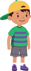 Young boy wearing yellow cap green striped t-shirt and purple sneakers illustration vector 