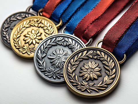 Medals with Floral and Laurel Wreath Designs on Blue and Red Ribbons