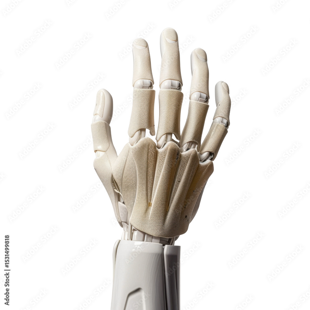 Poster robotic hand with articulated fingers, showcasing advanced technology and design. hand is made of co