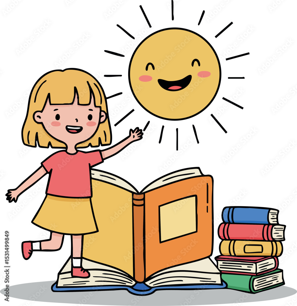 Poster girl standing on open book pointing at smiling sun with stack of colorful books vector illustration