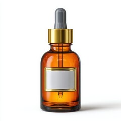 Amber glass dropper bottle with blank label isolated on white background