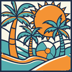 Retro Tropical Beach Illustration – Bold Summer Scene with Palm Trees, Big Sun, Ocean Waves, and Beach Ball – Perfect for Posters, Apparel, Vacation Decor, Surf Graphics, and Printables