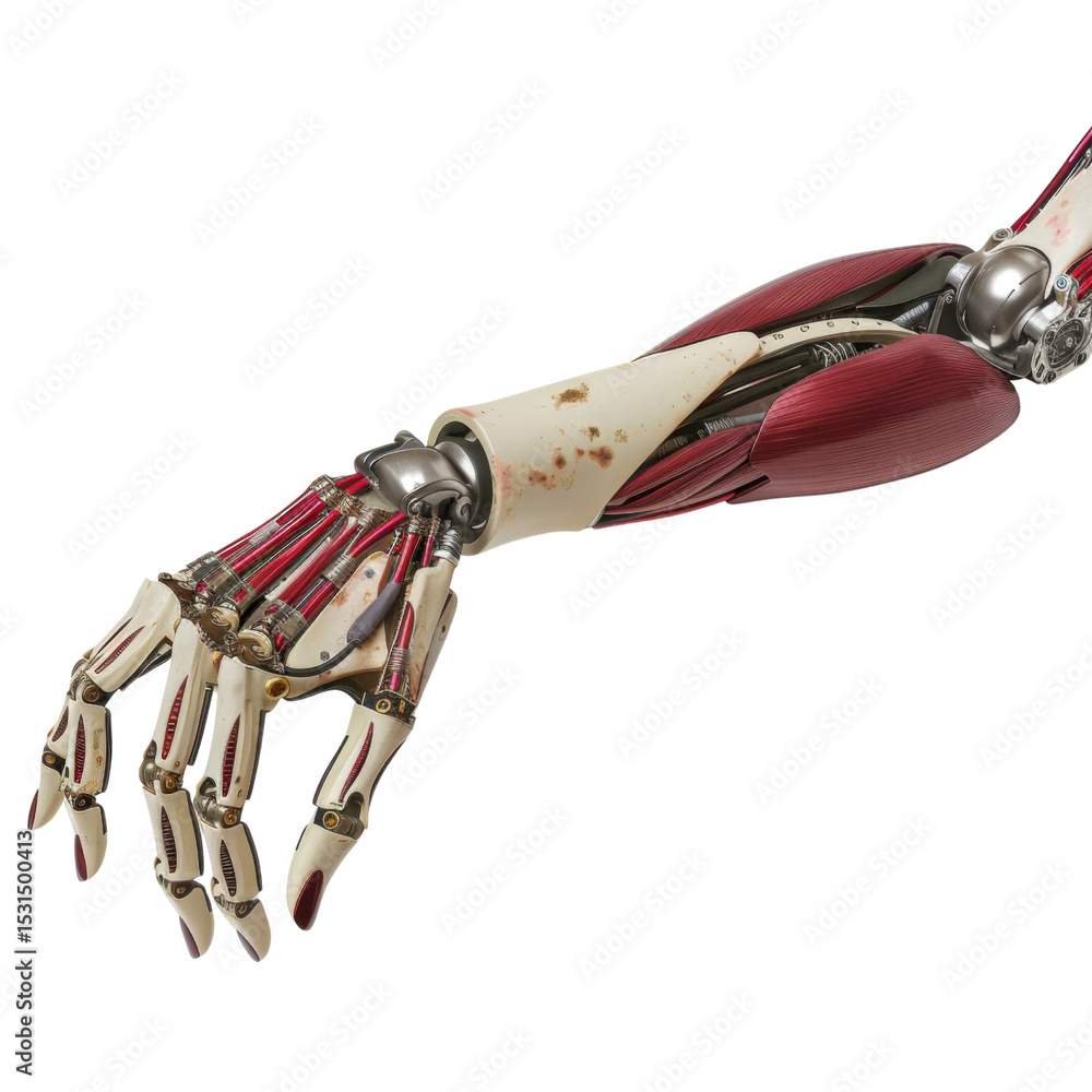 Poster detailed robotic arm showcasing intricate mechanical components and blend of metallic and synthetic 