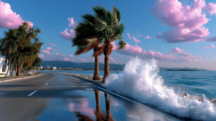 Storm on a coastal road lined with palm trees under the pink clouds. Summer vacation and travel concept. Landscape view for wallpaper, poster