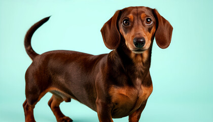 Adorable Brown Dachshund Dog Studio Portrait on Blue Background