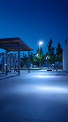 Outdoor Fitness Area Illuminated at Night with Empty Gym Equipment Under Sky