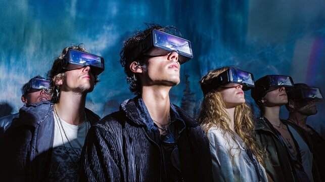 Group Immersed in Futuristic Experience with Virtual Reality Headsets in Dark Room